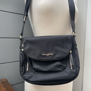 Karl Lagerfeld Paris Womens Cara Nylon Black Crossbody Messenger Bag Gold Accts